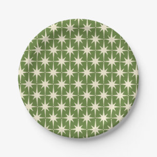 Mid-century Retro Starbursts Green Cream Pattern  Paper Plate