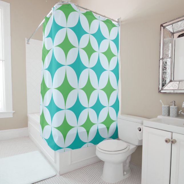 Mid Century Retro Starbursts in Green and Teal  Shower Curtain (In Situ)