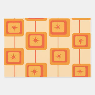 Mid Century Retro Starbursts on Abstract Squares  Wrapping Paper Sheet