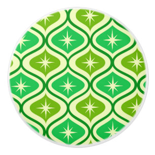 Mid Century Retro Starbursts On Green Ogee Pattern Ceramic Knob