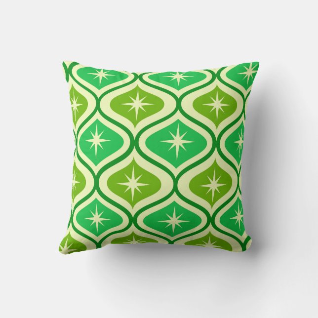 Mid Century Retro Starbursts On Green Ogee Pattern Cushion (Back)