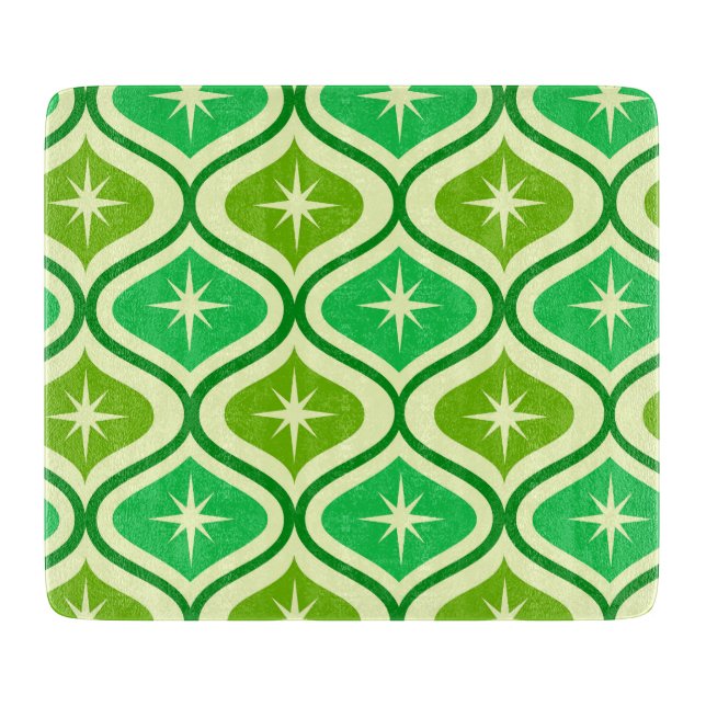 Mid Century Retro Starbursts On Green Ogee Pattern Cutting Board (Front)