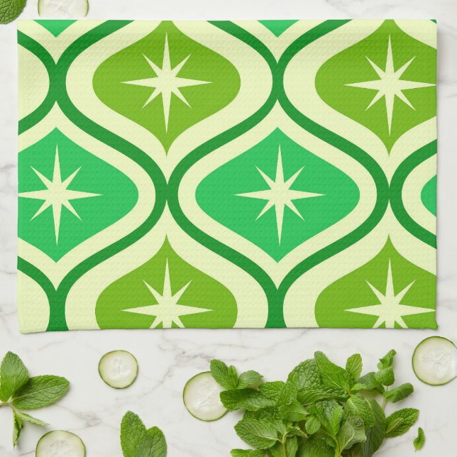 Mid Century Retro Starbursts On Green Ogee Pattern Tea Towel (Folded)