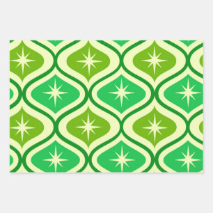 Mid Century Retro Starbursts On Green Ogee Pattern Wrapping Paper Sheet
