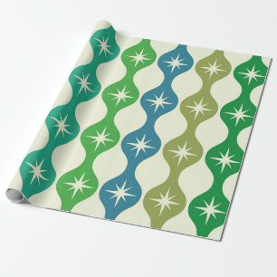 Mid Century Retro Starbursts on Green Ogee  Wrapping Paper