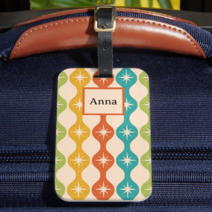 Mid Century Retro Starbursts on ogee Monogram Luggage Tag