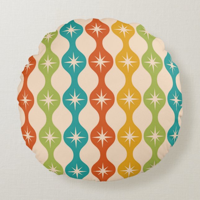 Mid Century Retro Starbursts on ogee pattern  Round Cushion (Front)