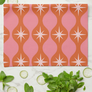 Mid Century Retro Starbursts on Pink Orange Ogee Tea Towel