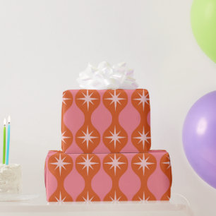 Mid Century Retro Starbursts on Pink Orange Ogee Wrapping Paper