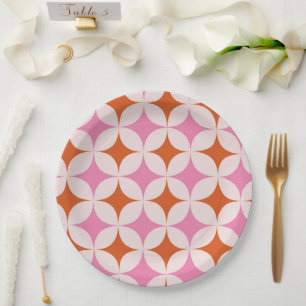 Mid Century Retro Starbursts Pattern Orange Pink Paper Plate