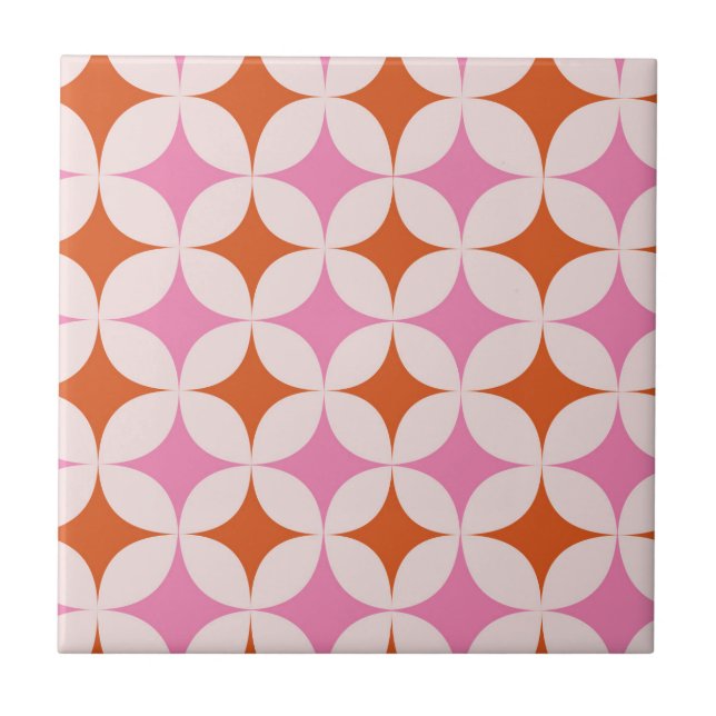 Mid Century Retro Starbursts Pattern Orange Pink  Tile (Front)