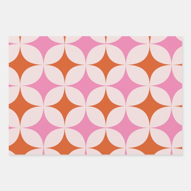 Mid Century Retro Starbursts Pattern Orange Pink  Wrapping Paper Sheet (Front)