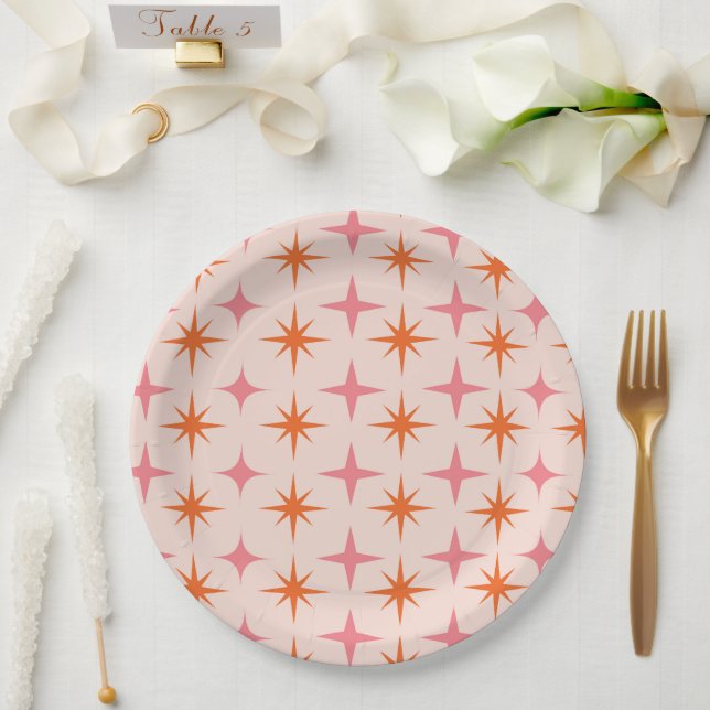 Mid Century Retro Starbursts Pattern Pink Orange  Paper Plate (Wedding)
