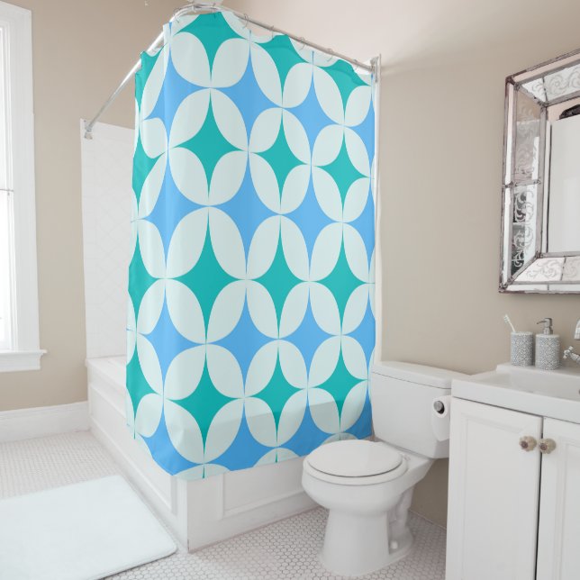 Mid Century Retro Starbursts Pattern Teal Blue Shower Curtain (In Situ)