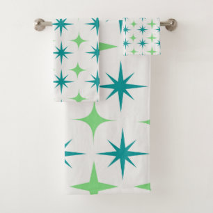 Mid Century Retro Starbursts Pattern teal green  Bath Towel Set