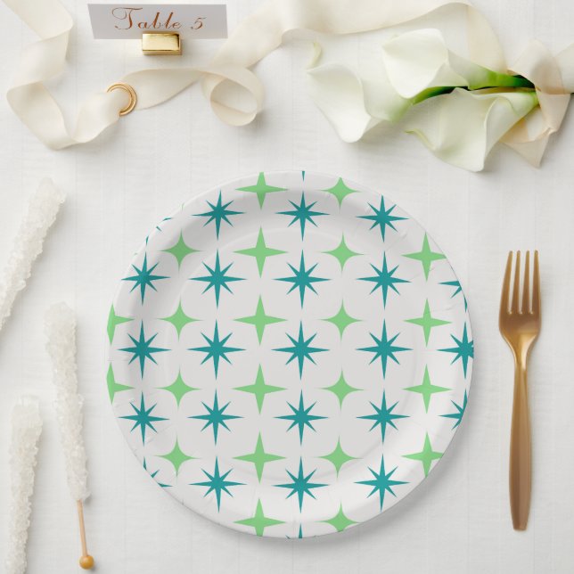 Mid Century Retro Starbursts Pattern teal green  Paper Plate (Wedding)