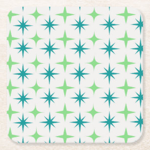 Mid Century Retro Starbursts Pattern teal green  Square Paper Coaster