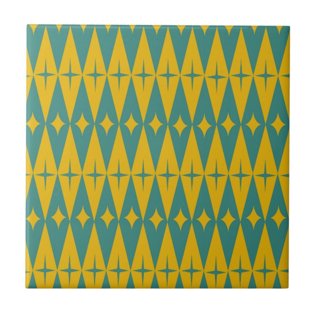 Mid Century Retro Stars on Teal Mustard Diamonds  Tile (Front)