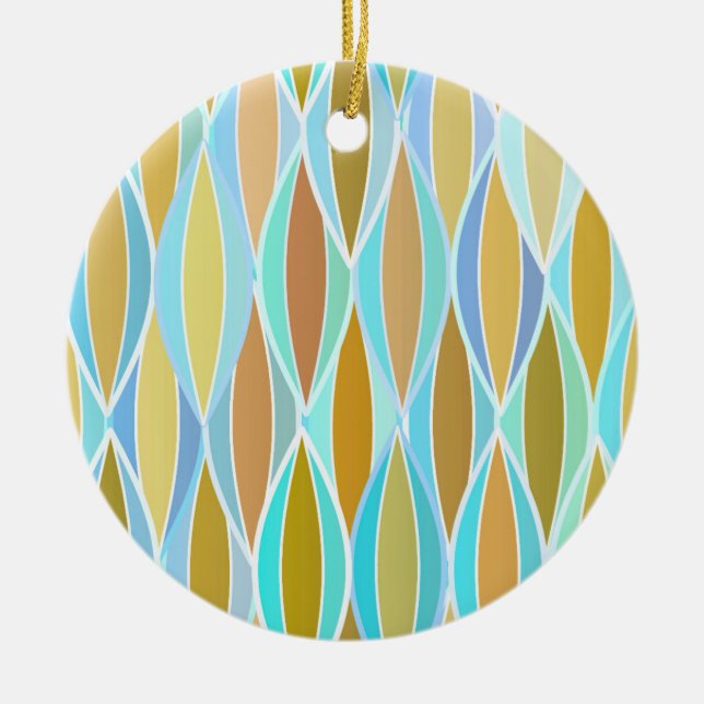 Mid-Century Ribbon Print - blues and neutrals Ceramic Tree Decoration (Front)