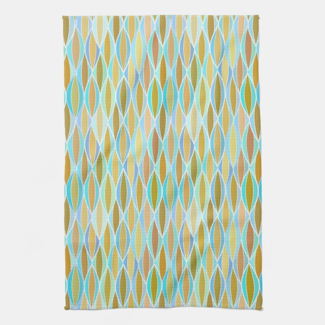 Mid-Century Ribbon Print - blues and neutrals Tea Towel (Vertical)