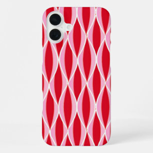 Mid-Century Ribbon Print, Deep Coral Red and Pink iPhone 16 Plus Case