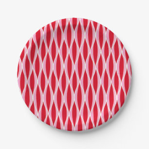 Mid-Century Ribbon Print, Deep Coral Red and Pink Paper Plate