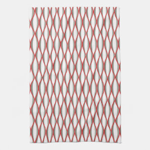 Mid-Century Ribbon Print - grey, white, red Tea Towel