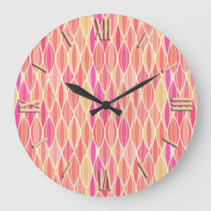 Mid-Century Ribbon Print - pink, coral and gold Large Clock