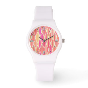 Mid-Century Ribbon Print - pink, coral and gold Watch
