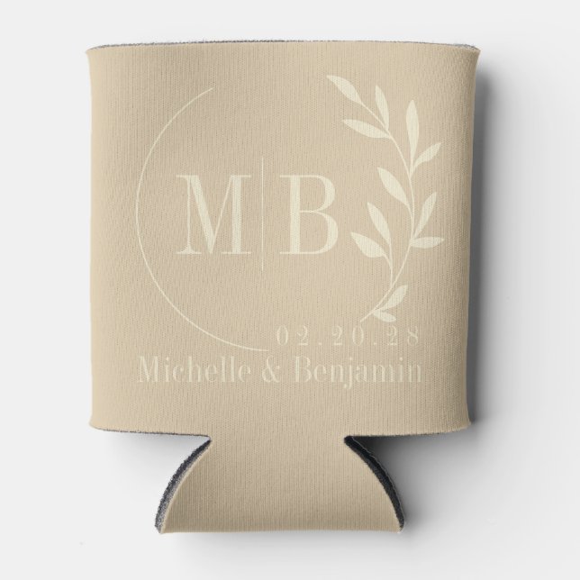 Mid-Century Sand Dune Leaf Wedding Monogram Can Cooler (Front)