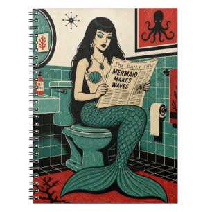 Mid Century Sea Siren on Toilet Reading Newspaper Notebook