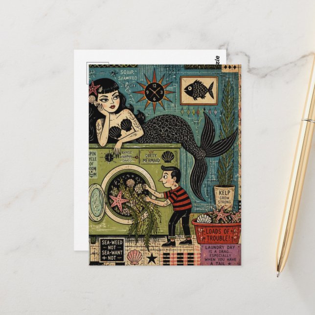Mid Century Sea Witch on Laundry Day Postcard (Front/Back In Situ)