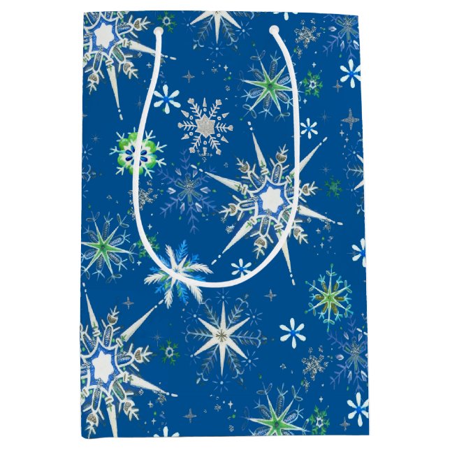 Mid-Century Snowflakes Galore On Blue Medium Gift Bag (Front)