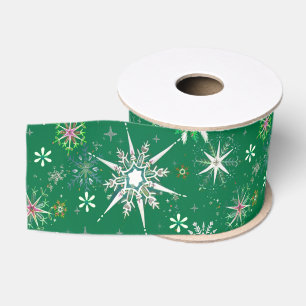 Mid-Century Snowflakes Galore On Green Grosgrain Ribbon
