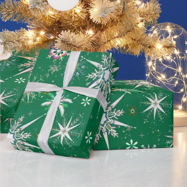 Mid-Century Snowflakes Galore On Green Wrapping Paper (Holidays)