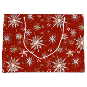 Mid-Century Snowflakes Galore On Red Large Gift Bag