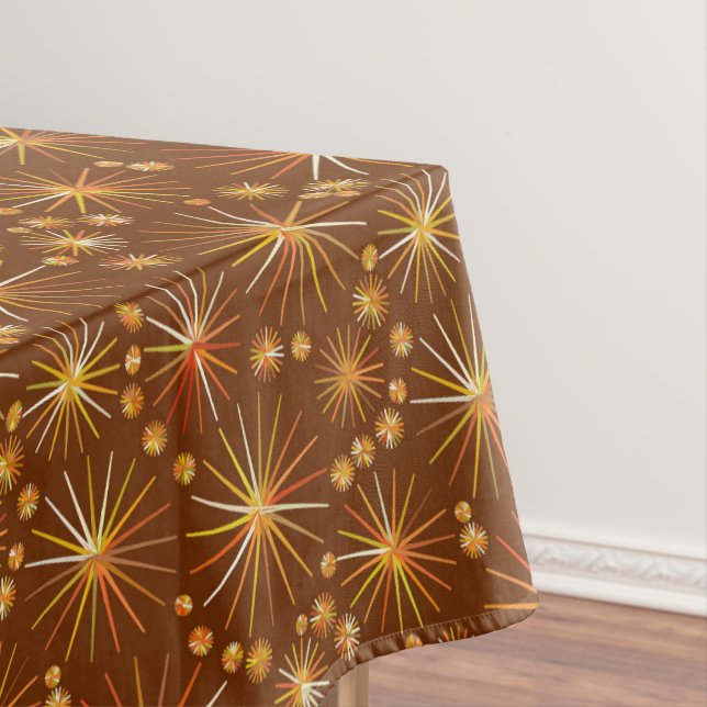 Mid Century Sputnik pattern, Chocolate Brown Tablecloth (In Situ)
