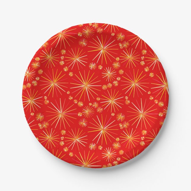 Mid Century Sputnik pattern, Deep Red Paper Plate (Front)