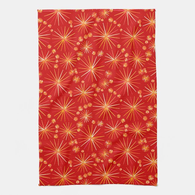 Mid Century Sputnik pattern, Deep Red Tea Towel (Vertical)