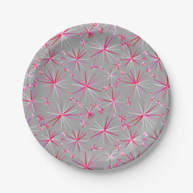 Mid Century Sputnik pattern, Grey and Fuchsia Paper Plate (Front)