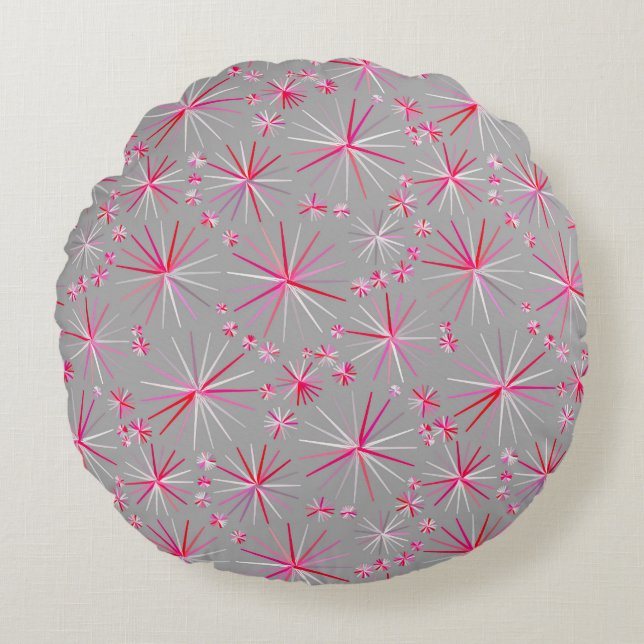 Mid Century Sputnik pattern, Grey and Fuchsia Round Cushion (Front)