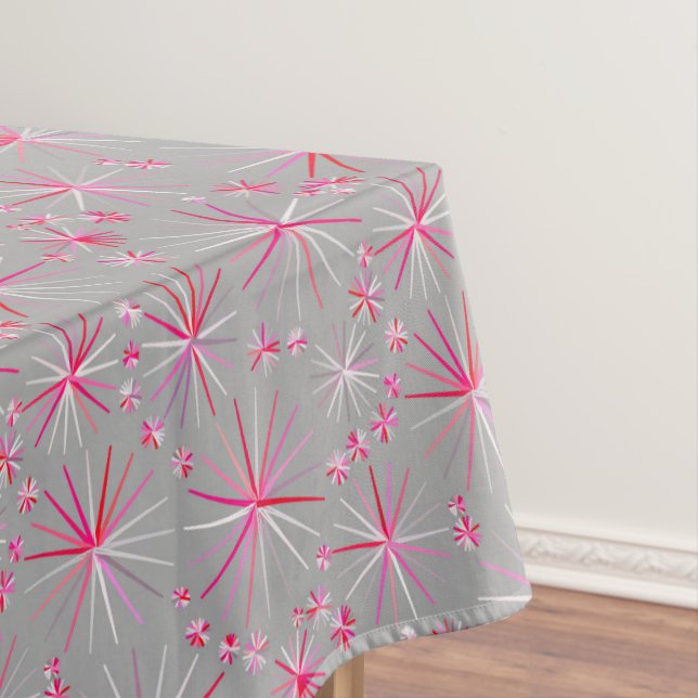 Mid Century Sputnik pattern, Grey and Fuchsia Tablecloth (In Situ)