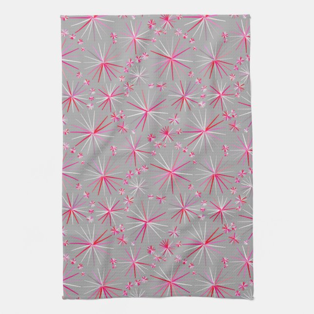 Mid Century Sputnik pattern, Grey and Fuchsia Tea Towel (Vertical)