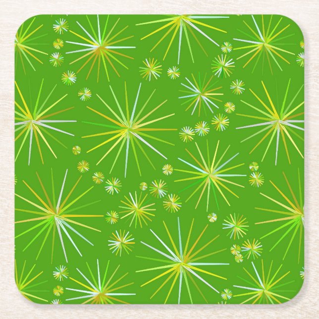 Mid Century Sputnik pattern, Olive Green Square Paper Coaster (Front)