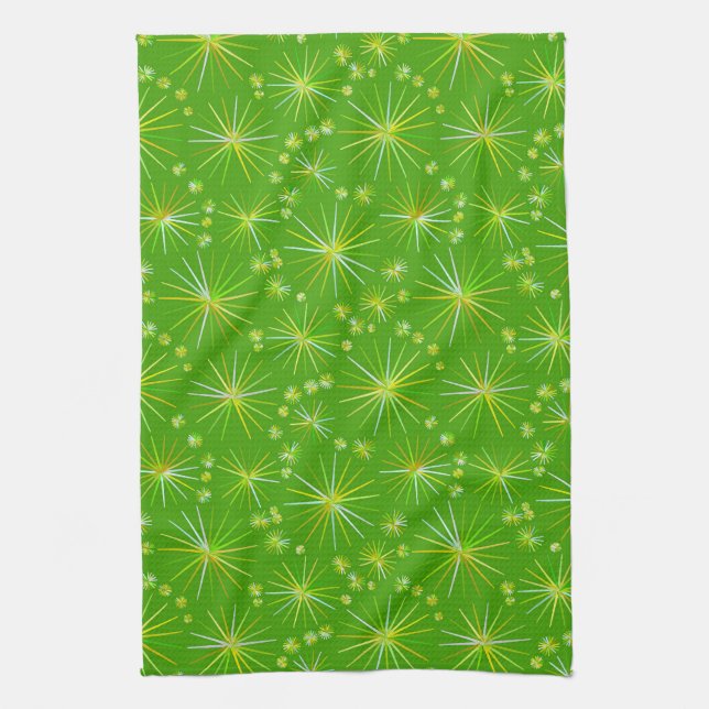 Mid Century Sputnik pattern, Olive Green Tea Towel (Vertical)
