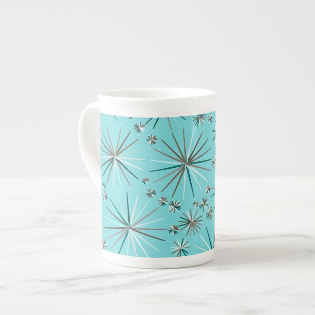 Mid Century Sputnik pattern, Robin's Egg Blue Bone China Mug (Front Left)