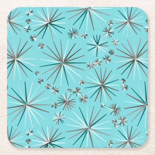 Mid Century Sputnik pattern, Robin's Egg Blue Square Paper Coaster (Front)
