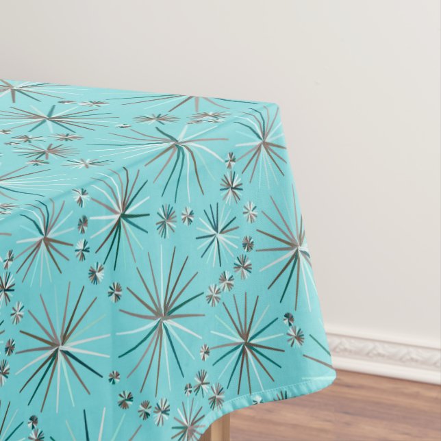 Mid Century Sputnik pattern, Robin's Egg Blue Tablecloth (In Situ)