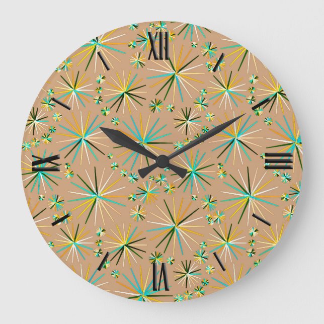 Mid Century Sputnik pattern, Taupe Tan Large Clock (Front)