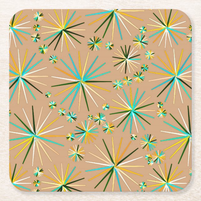 Mid Century Sputnik pattern, Taupe Tan Square Paper Coaster (Front)